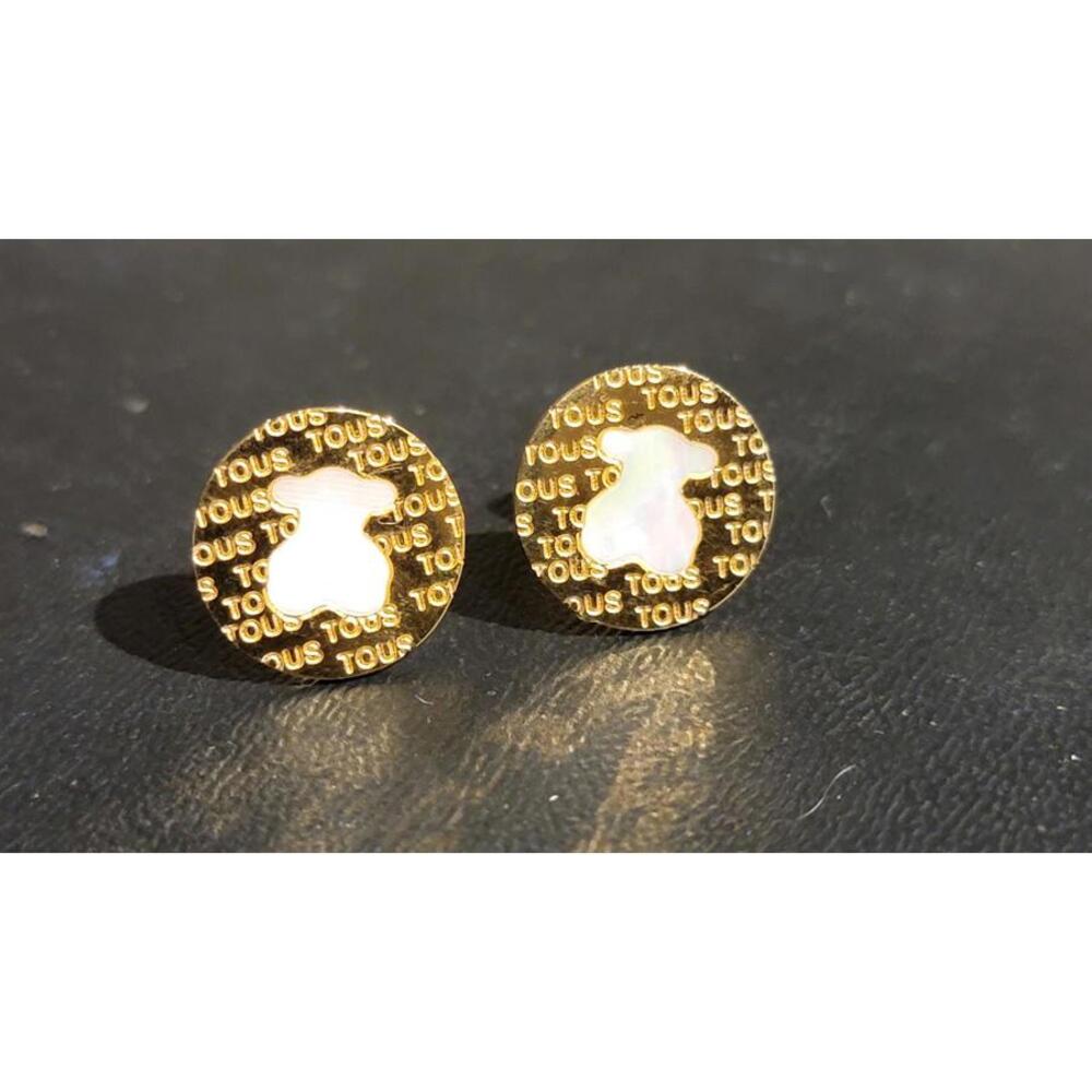 Tous Gold Tone Round Bear Earrings in Mother of Pearl